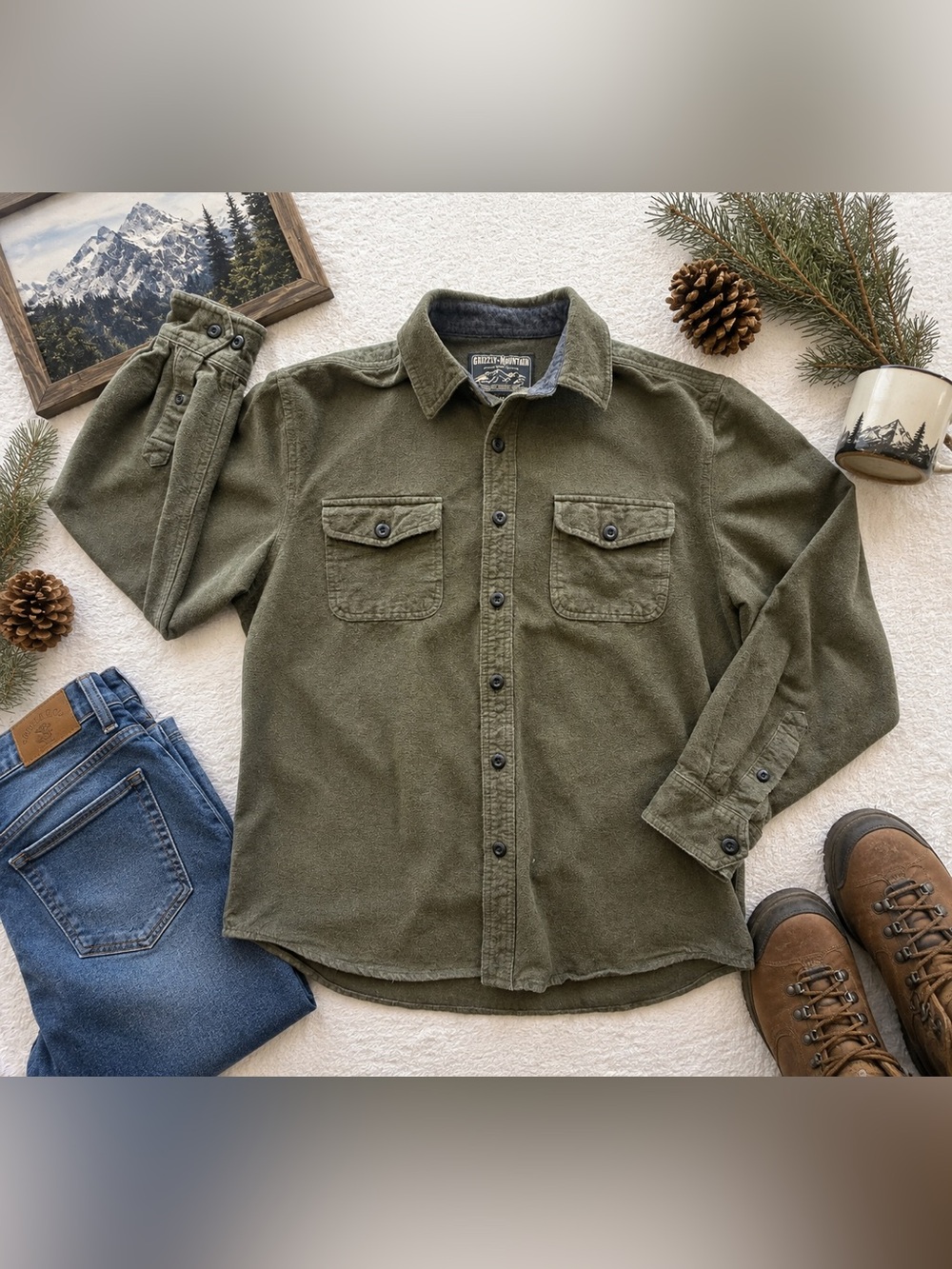 Grizzly Mountain Men’s L Olive Green Cotton Chamois Shirt Jacket Workwear